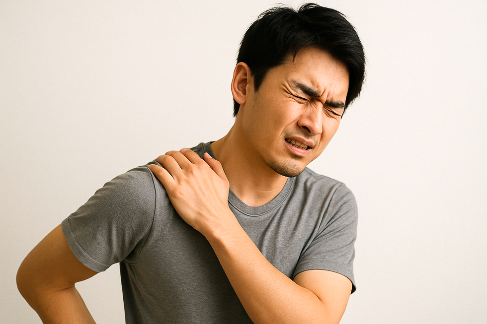 肩の痛みに苦しむ中年男性