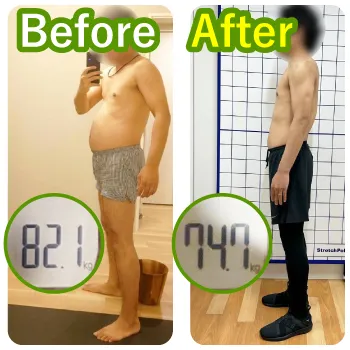 40代男性K様のビフォーアフター写真。体重82.1kgから74.7kgに減量
